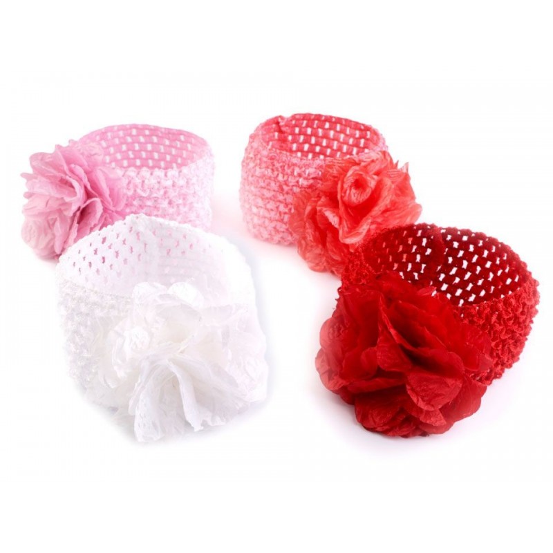 Lot 4 Bandeaux serre-tête élastique avec fleur / Blanc, rose, rouge, corail  / accessoire cheveux pour enfants